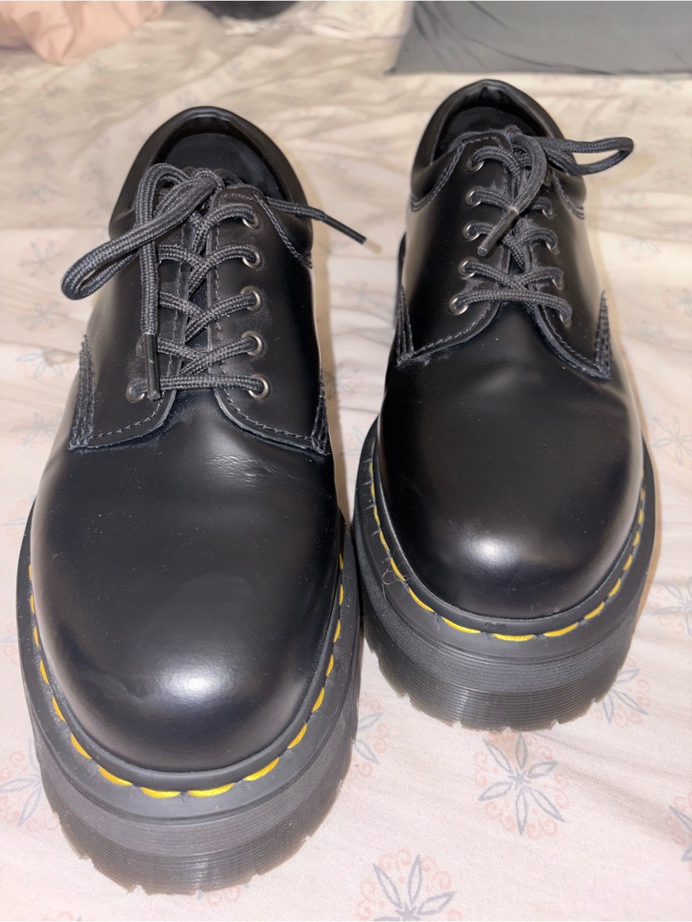 Dr. Marten’s Black Platform Lace-Up women Shoes with Yellow Welt Stitching
